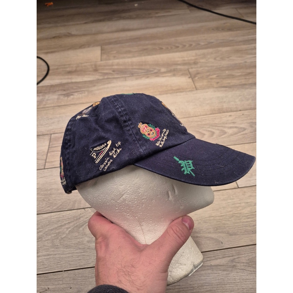 Polo Ralph Lauren College Bear Crest All Over Embroidery Navy Blue Hat Mens OS - Picture 10 of 14